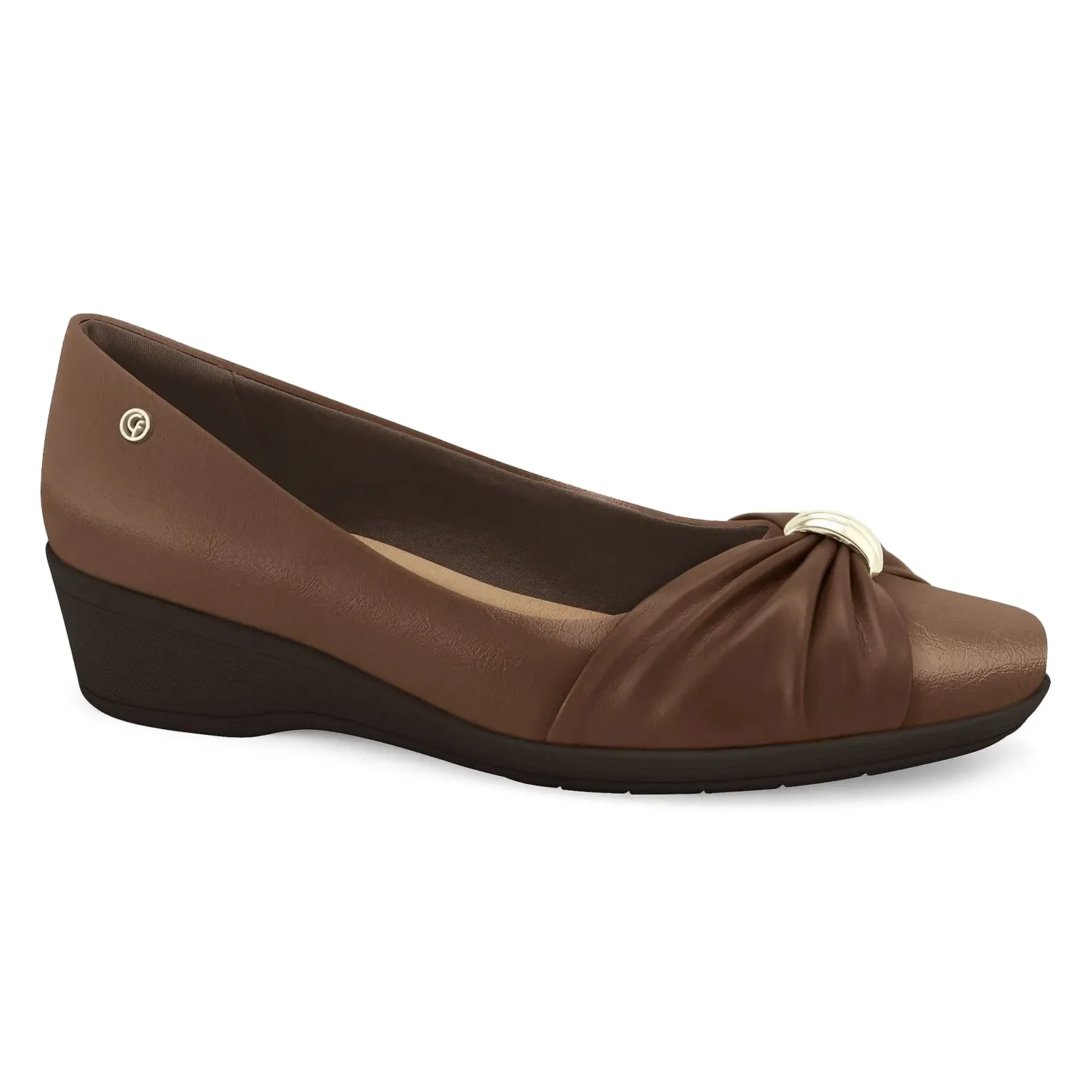 Sapatilha Comfortflex Anabela Capuccino Feminina em couro marrom com sola preta e laço decorativo